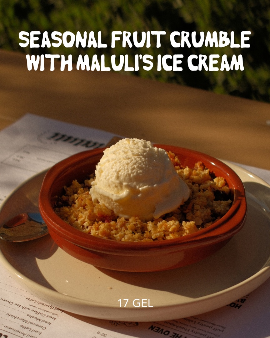 Seasonal fruit crumble with Maluli's ice cream
