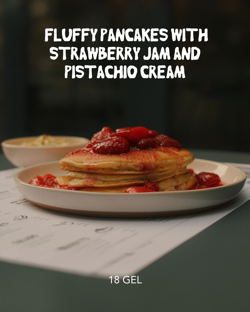 Pancakes with strawberry jam and pistachio cream